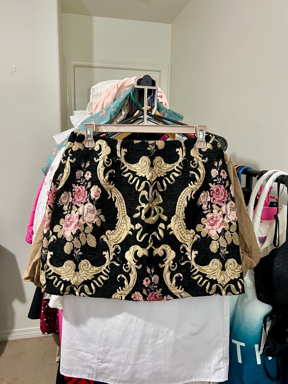 mi ami for Francesca’s Black Brocade Mini Skirt with Pink Floral Embroidery